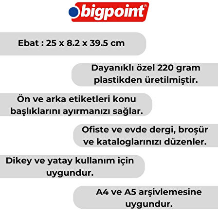 Bigpoint | Plastik Kutu Klasör, Gri, Dayanıklı ABS Malzeme, Dikey ve Yatay Kullanım, A4 ve A5 Uyumlu