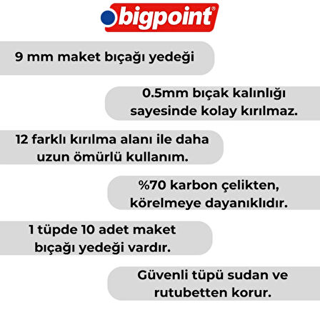 Bigpoint | Maket Bıçağı Yedeği, 9 mm, Dar, 10'lu Paket, Yüksek Karbonlu Çelik, Keskin ve Dayanıklı