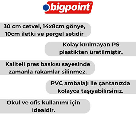 Bigpoint | Pergelli Teknik Çizim Seti, 30 cm Cetvel, 14x8 cm Gönye, 10 cm İletki ve Pergel, Kaliteli Baskı