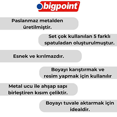 Bigpoint | Metal Spatula Seti, 5'li, Paslanmaz Çelik Bıçaklar, Ahşap Sap, Resim ve Boya Karıştırma İçin İdeal