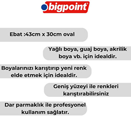 Bigpoint | Sanatsal Oval Palet, 43 cm x 30 cm, PS Plastik, Yağlı Boya, Guaj Boya ve Akrilik Boya İçin İdeal