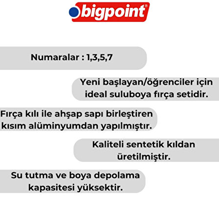 Bigpoint | 123 Serisi Sentetik Kıl Yuvarlak Fırça Seti, 4'lü, No: 1, 3, 5, 7, Suluboya, Guaj, Akrilik İçin