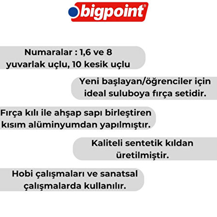 Bigpoint | 111 & 210F Serisi Sentetik Kıl Fırça Seti, 4'lü, Yuvarlak ve Kesik Uçlu, No: 1, 6, 8, 10