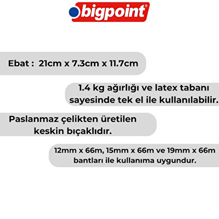 Bigpoint | Bant Kesme Makinesi, 66 mt, Büyük Boy, Siyah, 12-19 mm Bantlarla Uyumlu