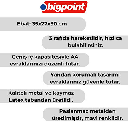 Bigpoint | Metal Perfore Evrak Rafı, 3'lü Set, Mavi, Dayanıklı Metal Yapı, A4 ve Letter Evraklar İçin Uygun