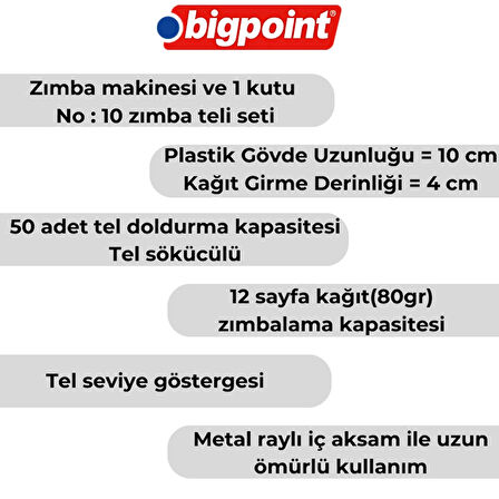 Bigpoint | Zımba Makinesi Seti No: 10, Kırmızı,12 Sayfaya Kadar Zımbalama, 1000 Adet No:10 Zımba Teli Dahil