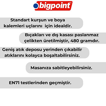 Bigpoint | Çelik Masa Tipi Kalemtraş – Geniş Hazneli, Sabitlenebilir, Krank Kollu