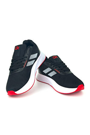 Erkek Siyah Kırmızı Bağcıklı Nefes Alan Esnek Hafif Günlük Sneaker Spor Ayakkabı