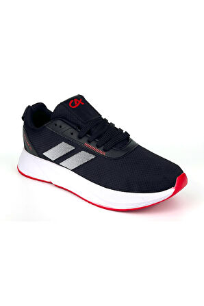 Erkek Siyah Kırmızı Bağcıklı Nefes Alan Esnek Hafif Günlük Sneaker Spor Ayakkabı