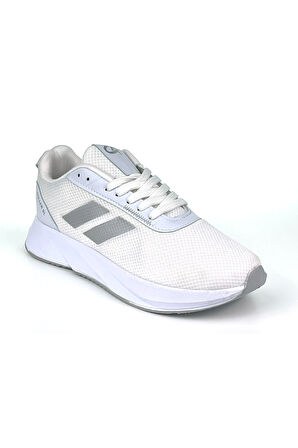 Erkek Beyaz Gümüş Bağcıklı Nefes Alan Esnek Hafif Günlük Sneaker Spor Ayakkabı