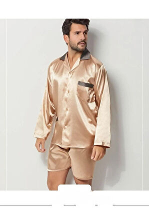 Bej Erkek Ropdöşambır ve Saten Pijama Takımı 4'lü Set - XL
