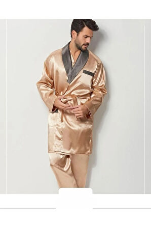 Bej Erkek Ropdöşambır ve Saten Pijama Takımı 4'lü Set - 2XL