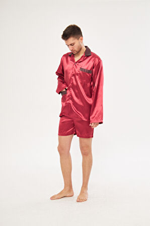 Bordo Erkek Ropdöşambır ve Saten Pijama Takımı 4'lü Set - S