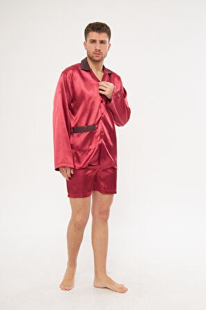 Bordo Erkek Ropdöşambır ve Saten Pijama Takımı 4'lü Set - S