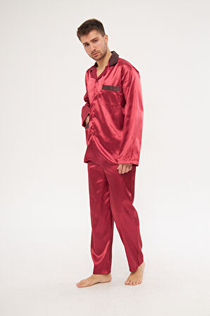 Bordo Erkek Ropdöşambır ve Saten Pijama Takımı 4'lü Set - 2XL
