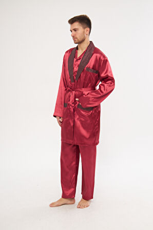 Bordo Erkek Ropdöşambır ve Saten Pijama Takımı 4'lü Set - 2XL