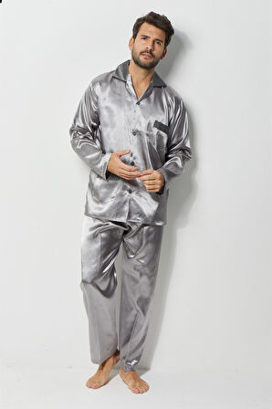 Gri Erkek Ropdöşambır ve Saten Pijama Takımı 4'lü Set - S