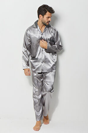 Gri Erkek Ropdöşambır ve Saten Pijama Takımı 4'lü Set - S