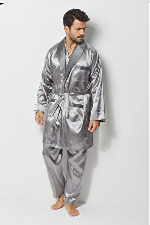 Gri Erkek Ropdöşambır ve Saten Pijama Takımı 4'lü Set - 2XL