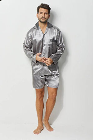 Gri Erkek Ropdöşambır ve Saten Pijama Takımı 4'lü Set - 2XL