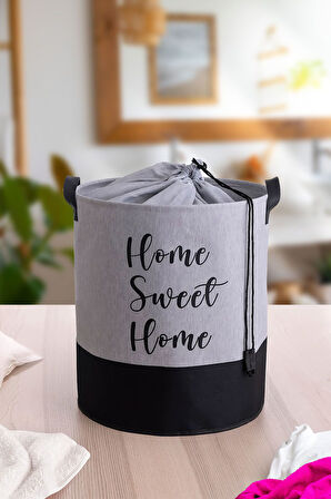 Home Sweet Home Baskılı Fileli Gri Kıyafet Çamaşır Sepeti 37x40