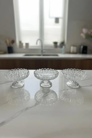Virenna Cam Ayaklı Çerezlik Sunumluk Kahvaltılık Kase 3’lü Set 12 cm 130 ml