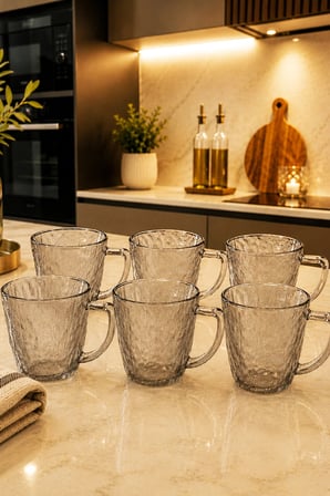 Velmora Buzlu Cam Kupa Bardak Seti 6'lı 230 ml Kulplu Kahve Çay Kupası - Gümüş