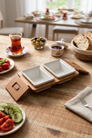Nuvessa Porselen Kahvaltılık ve Çerezlik Seti 2'li Bambu Standlı Kapaklı Sunumluk