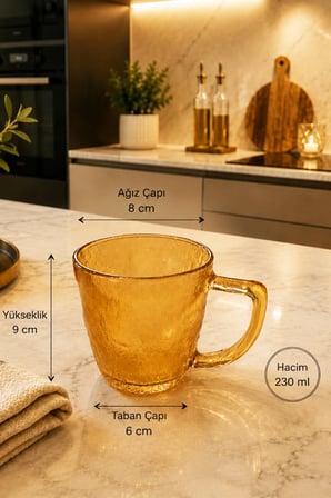 Velmora Buzlu Cam Kupa Bardak 230 ml Kulplu Kahve Çay Kupası - Altın