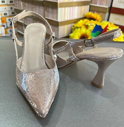 EN MODA AÇIK ROSE GOLD 7CM KADEH TOPUK ARKASI AÇIK YAN BANTLI ÇOK RAHAT KADIN ABİYE AYAKKABI