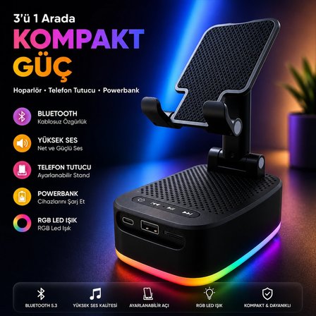 RGB LEDLİ 3 IN 1 TELEFON TUTUCU POWERBANK VE BLUETOOTH HOPARLÖR ÖZELLİKLİ TF KART VE USB BELLEK DESTEKLİ TAŞINABİLİR TELEFON TUTU