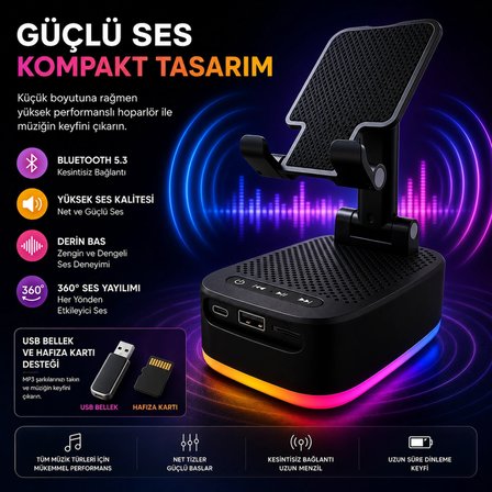 RGB LEDLİ 3 IN 1 TELEFON TUTUCU POWERBANK VE BLUETOOTH HOPARLÖR ÖZELLİKLİ TF KART VE USB BELLEK DESTEKLİ TAŞINABİLİR TELEFON TUTU