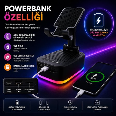 RGB LEDLİ 3 IN 1 TELEFON TUTUCU POWERBANK VE BLUETOOTH HOPARLÖR ÖZELLİKLİ TF KART VE USB BELLEK DESTEKLİ TAŞINABİLİR TELEFON TUTU