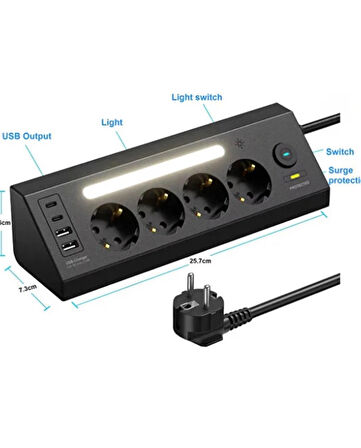ROSE TEKNOLOJİ 4 PRİZ 2 USB 2 TYPE-C GİRİŞLİ AKIM KORUMA VE GECE LAMBALI MONTE EDİLEBİLİR 2 M UZATMA KABLOLU PRİZ