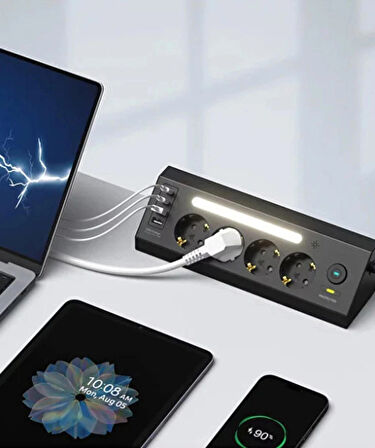 ROSE TEKNOLOJİ 4 PRİZ 2 USB 2 TYPE-C GİRİŞLİ AKIM KORUMA VE GECE LAMBALI MONTE EDİLEBİLİR 2 M UZATMA KABLOLU PRİZ