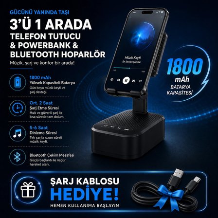 3 Ü 1 ARADA BLUETOOTH HOPARLÖR POWERBANK VE TELEFON TUTUCU ÖZELLİKLİ TF KART VE USB BELLEK DESTEKLİ TELEFON TUTUCULU BLUETOOTH HOPARLÖR