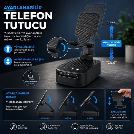 3 Ü 1 ARADA BLUETOOTH HOPARLÖR POWERBANK VE TELEFON TUTUCU ÖZELLİKLİ TF KART VE USB BELLEK DESTEKLİ TELEFON TUTUCULU BLUETOOTH HOPARLÖR