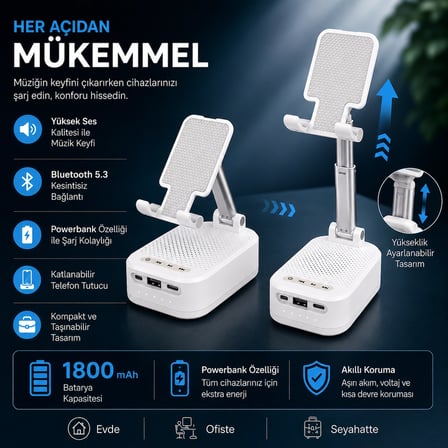 3 Ü 1 ARADA BLUETOOTH HOPARLÖR POWERBANK VE TELEFON TUTUCU ÖZELLİKLİ TF KART VE USB BELLEK DESTEKLİ TELEFON TUTUCULU BLUETOOTH HOPARLÖR