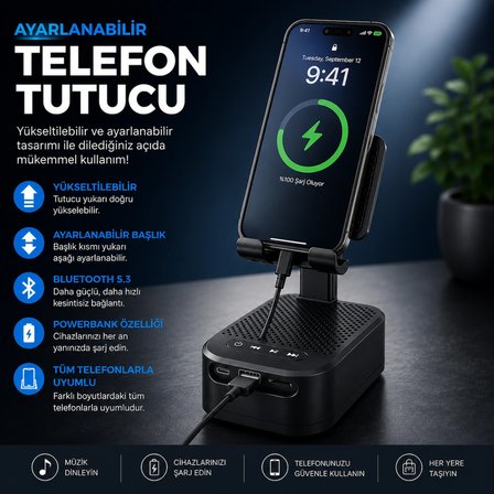 3 Ü 1 ARADA BLUETOOTH HOPARLÖR POWERBANK VE TELEFON TUTUCU ÖZELLİKLİ TF KART VE USB BELLEK DESTEKLİ TELEFON TUTUCULU BLUETOOTH HOPARLÖR