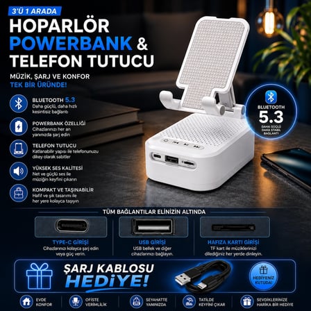 3 Ü 1 ARADA BLUETOOTH HOPARLÖR POWERBANK VE TELEFON TUTUCU ÖZELLİKLİ TF KART VE USB BELLEK DESTEKLİ TELEFON TUTUCULU BLUETOOTH HOPARLÖR