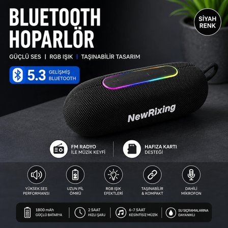 BT 5.3 TAŞINABİLİR RGB LEDLİ TF KART VE FM RADIO DESTEKLİ IP7X SU GEÇİRMEZ ÖZELLİKLİ BLUETOOTH HOPARLÖR