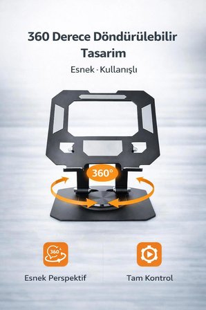 360 DÖNEBİLEN METAL TABLET TELEFON STANDI AYARLANABİLİR YÜKSEKLİK VE AÇI KATLANABİLİR KAYMAZ TABANLI ERGONOMİK TUTUCU