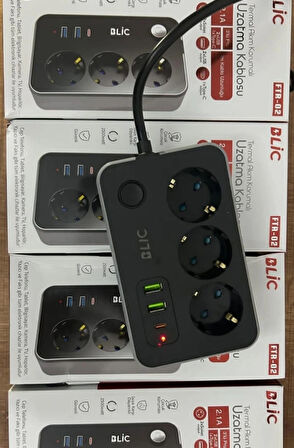 ROSE TEKNOLOJİ FTR-02 TERMAL AKIM KORUMALI 3 PRİZ 2 USB 1 TYPE-C GİRİŞLİ 2M KABLOLU ÜÇLÜ PRİZ