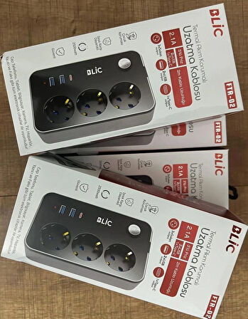 ROSE TEKNOLOJİ FTR-02 TERMAL AKIM KORUMALI 3 PRİZ 2 USB 1 TYPE-C GİRİŞLİ 2M KABLOLU ÜÇLÜ PRİZ