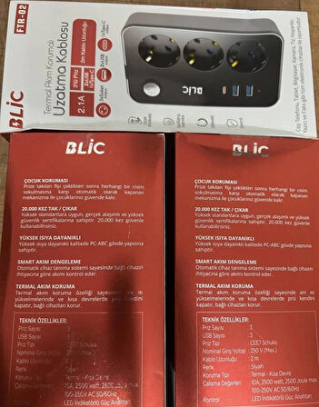 ROSE TEKNOLOJİ FTR-02 TERMAL AKIM KORUMALI 3 PRİZ 2 USB 1 TYPE-C GİRİŞLİ 2M KABLOLU ÜÇLÜ PRİZ