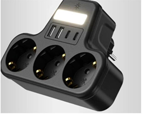 ROSE TEKNOLOJİ AKIM KORUMALI 3 PRİZ 2 USB 2 TYPE-C GİRİŞLİ GÜVENLİK KAPAKLI VE LEDLİ DUVAP TİPİ PRİZ