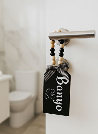 Dekoratif Ahşap Boncuklu "BANYO" Yazılı Tuvalet Banyo Kapı Kolu Aksesuarı Ahşap Hediyelik Süs