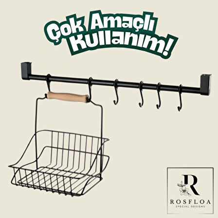 Sepetli 6 Kancalı Ferforje Metal Çok Amaçlı Kahve Köşesi, Mutfak, Banyo Dekor Kupa, Fincan Askısı