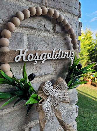 Doğal Ahşap Boncuklu Zeytin Dalı Bohem Özel Tasarım Kapı Süsü Dekor (28 Cm)