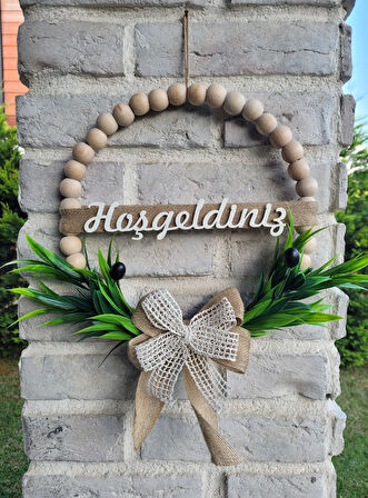 Doğal Ahşap Boncuklu Zeytin Dalı Bohem Özel Tasarım Kapı Süsü Dekor (28 Cm)